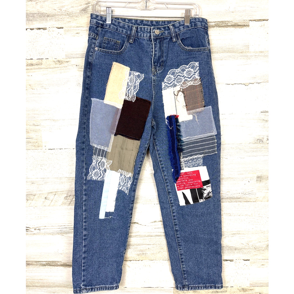 Fanfare Womens 32 Patchwork Upcycled Denim Straight Jeans Boho Designer NEW